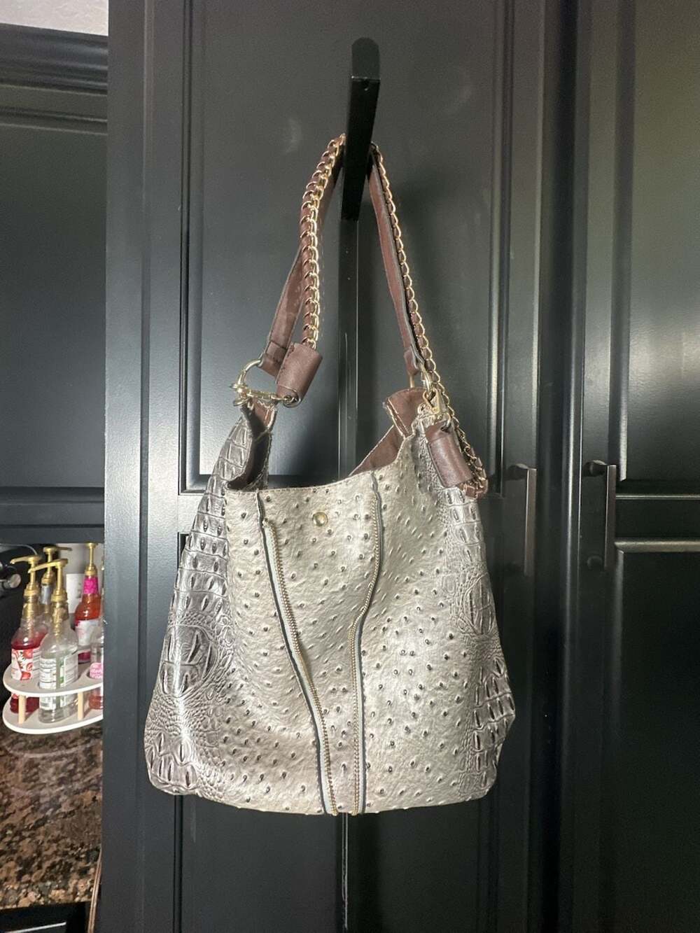 Mezon Chain Accent Ostrich and Croc Embossed 2-in-1 Expandable Hobo Bag